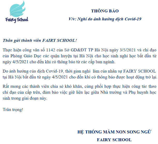 Thông báo nghỉ cho CBGV-NV do ảnh hưởng dịch Covid
