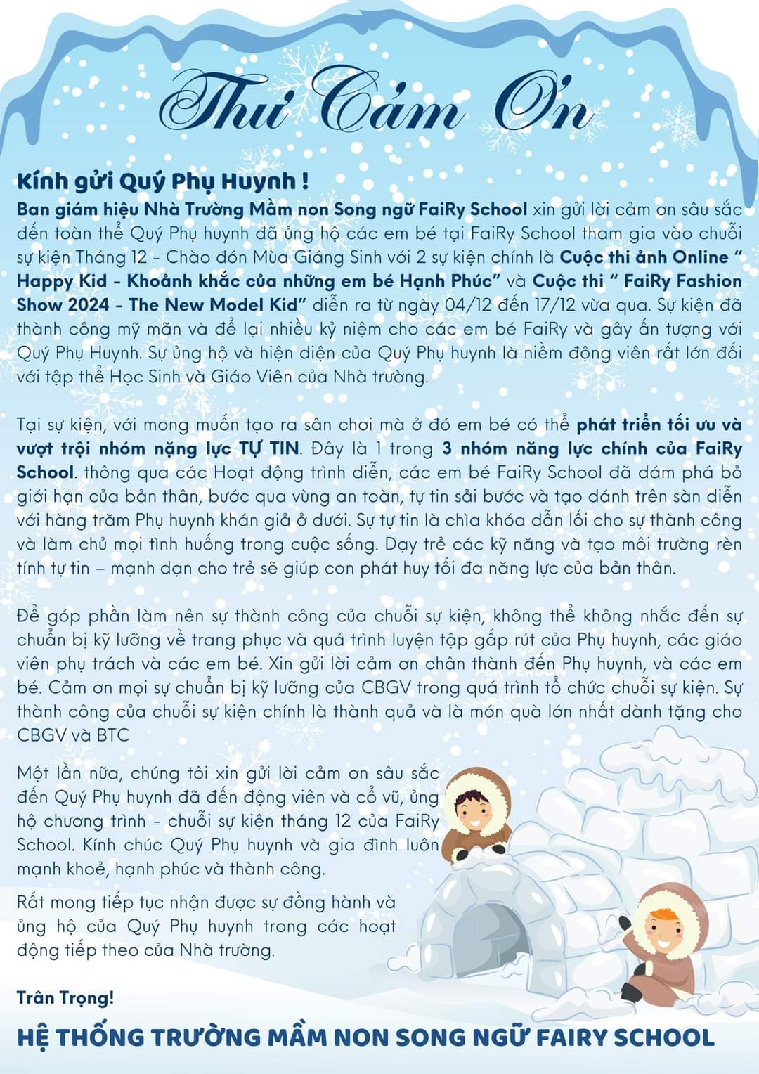 [THƯ CẢM ƠN] - SỰ KIỆN CUỘC THI ẢNH “HAPPY KID” VÀ “3T EDU FASHION SHOW 2024”